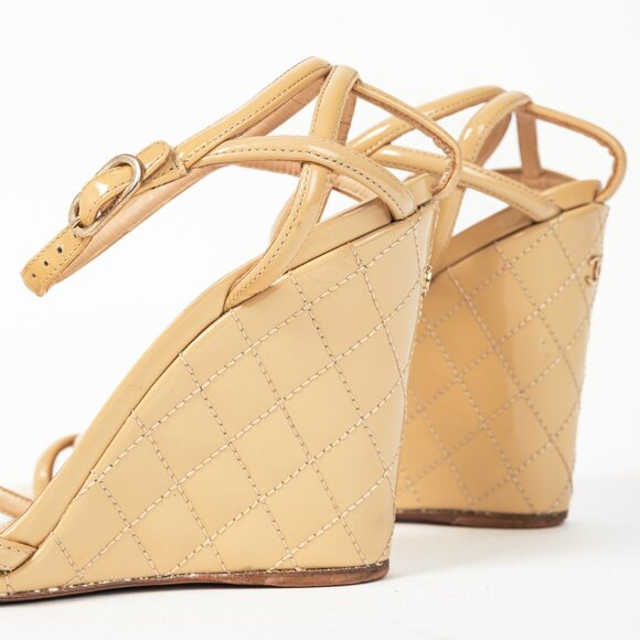 Chanel Beige Patent Leather Quilted-Wedge Sandals - Picture 8 of 10